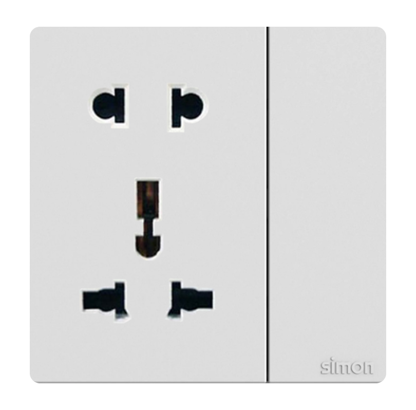 Ổ cắm 2 chấu+ 3 chấu đa năng+ công tắc Simon K3 571080 Màu trắng lắp chuẩn đế vuông