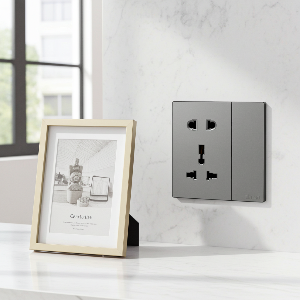 Module Ổ cắm 3 chấu đa năng và 2 chấu kèm công tắc màu ghi xám Simon S6 581080-61 đế vuông