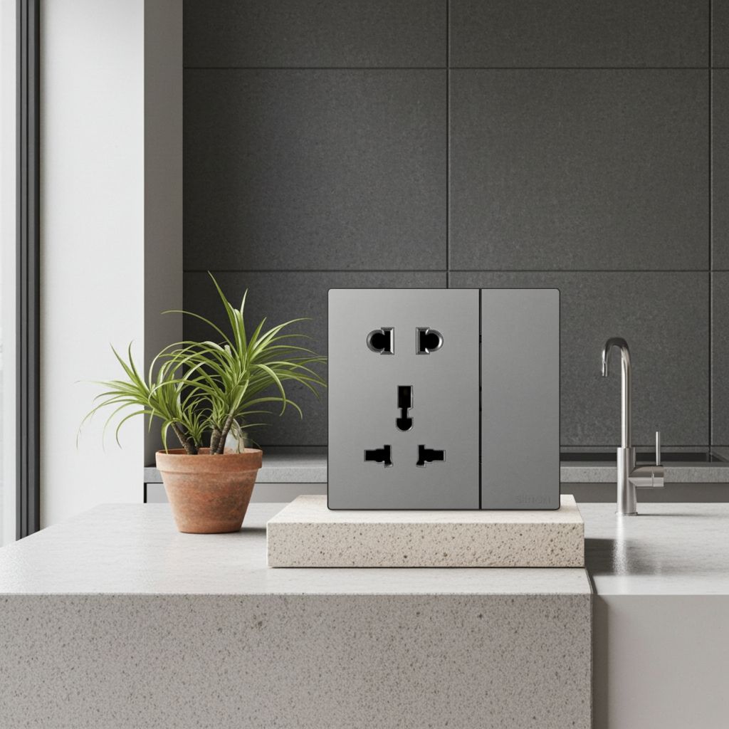 Module Ổ cắm 3 chấu đa năng và 2 chấu kèm công tắc màu ghi xám Simon S6 581080-61 đế vuông