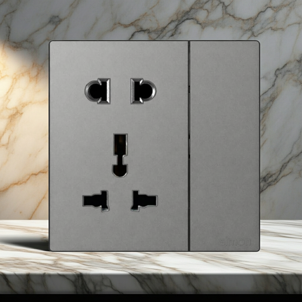 Module Ổ cắm 3 chấu đa năng và 2 chấu kèm công tắc màu ghi xám Simon S6 581080-61 đế vuông