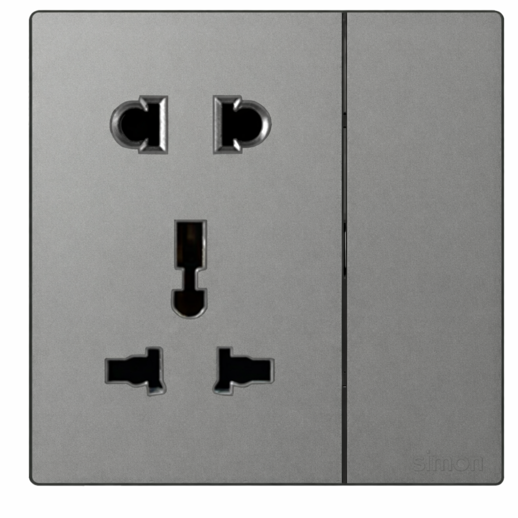 Module Ổ cắm 3 chấu đa năng và 2 chấu kèm công tắc màu ghi xám Simon S6 581080-61 đế vuông