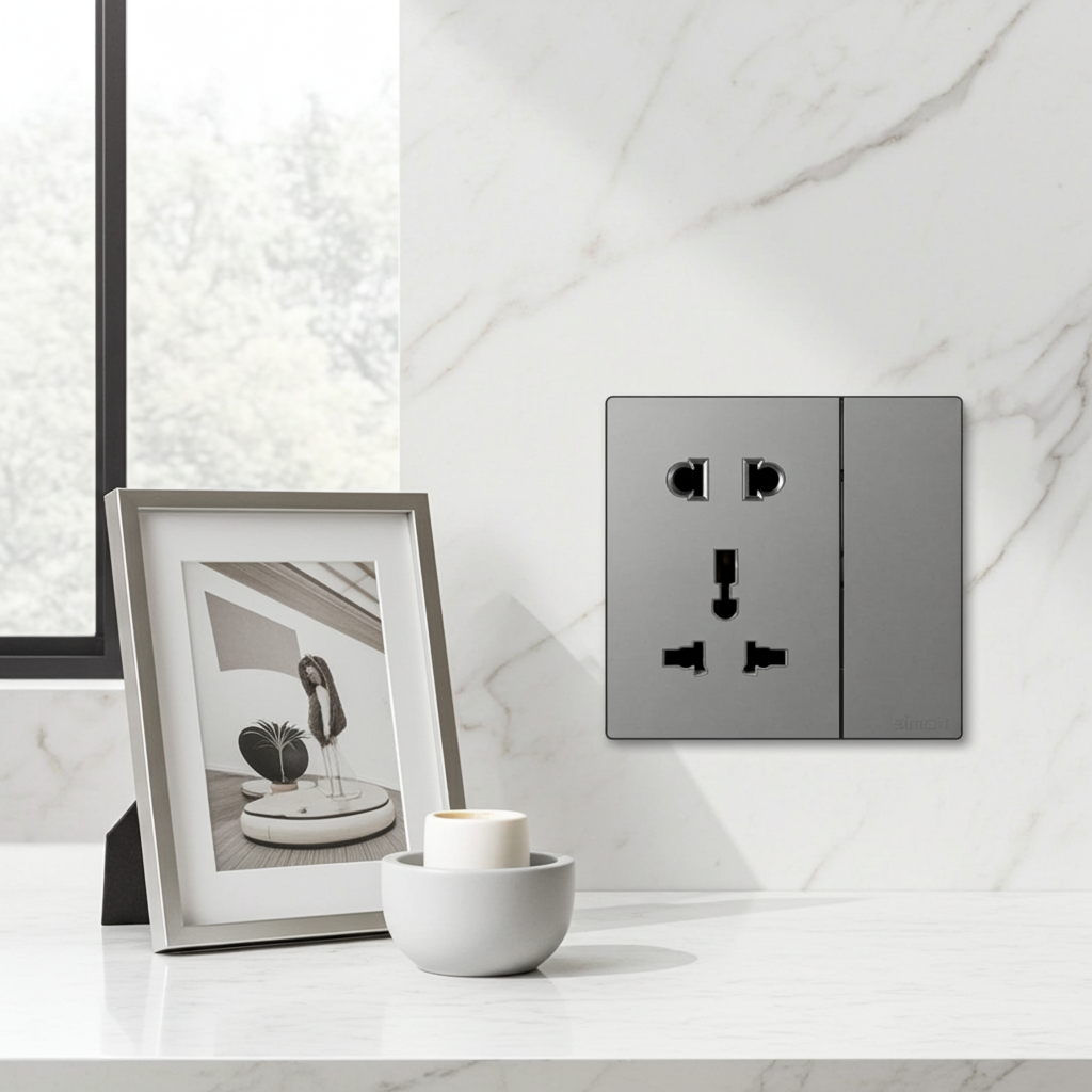 Module Ổ cắm 3 chấu đa năng và 2 chấu kèm công tắc màu ghi xám Simon S6 581080-61 đế vuông