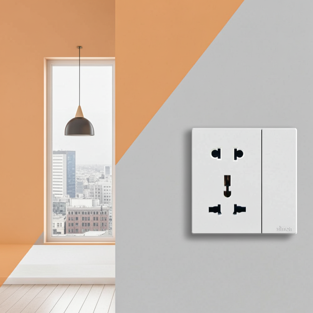 Module Ổ cắm đôi 3 chấu đa năng và 2 chấu kèm công tắc Simon S6 581080 màu trắng lắp chuẩn đế vuông