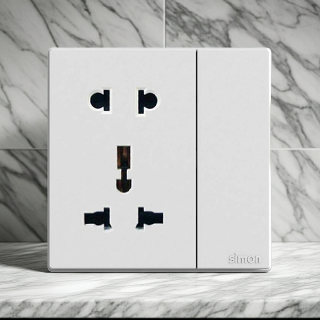 Module Ổ cắm đôi 3 chấu đa năng và 2 chấu kèm công tắc Simon S6 581080 màu trắng lắp chuẩn đế vuông