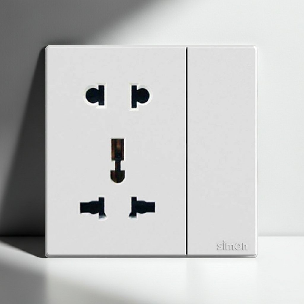 Module Ổ cắm đôi 3 chấu đa năng và 2 chấu kèm công tắc Simon S6 581080 màu trắng lắp chuẩn đế vuông