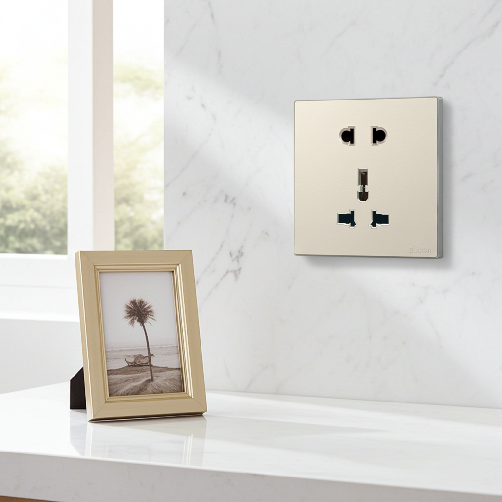 Module Ổ cắm 3 chấu đa năng và 2 chấu màu sâm panh Simon S6 581080V-46 đế vuông