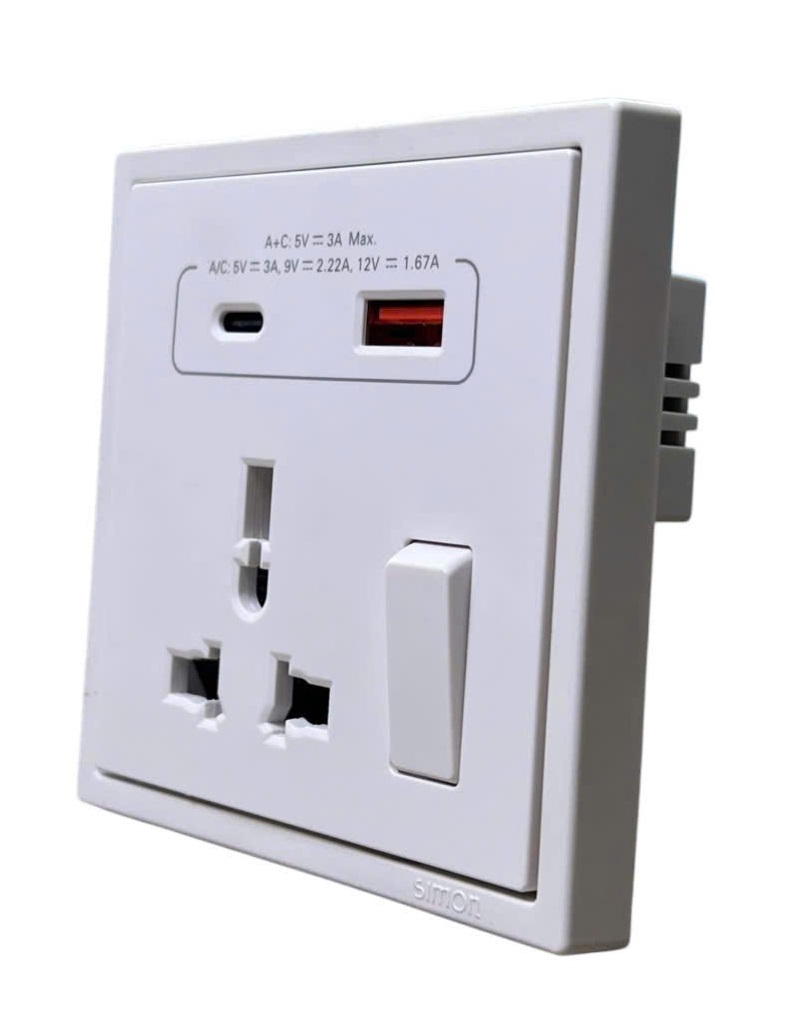 Ổ cắm đa năng kèm công tắc có sạc USB và Type C màu trắng Simon I7 70E7253 chuẩn đế vuông