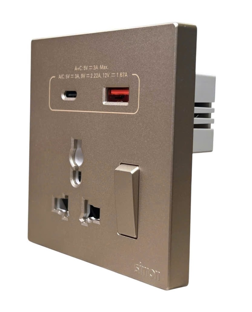 Ổ cắm đa năng kèm công tắc có sạc USB và Type C màu Sâm panh Simon S6 58E7253-46 chuẩn đế vuông