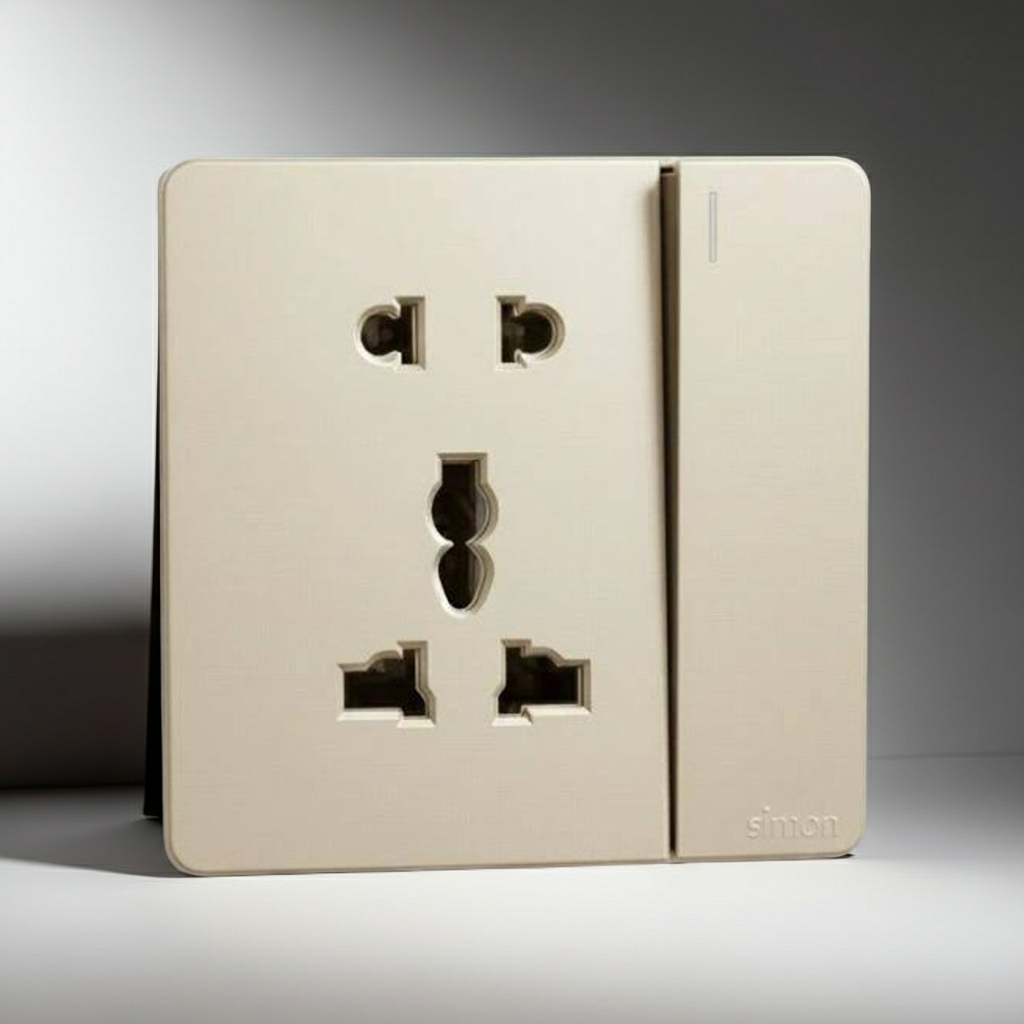 Module Ổ cắm 3 chấu đa năng và 2 chấu kèm công tắc màu sâm panh Simon S6 581080-46 đế vuông