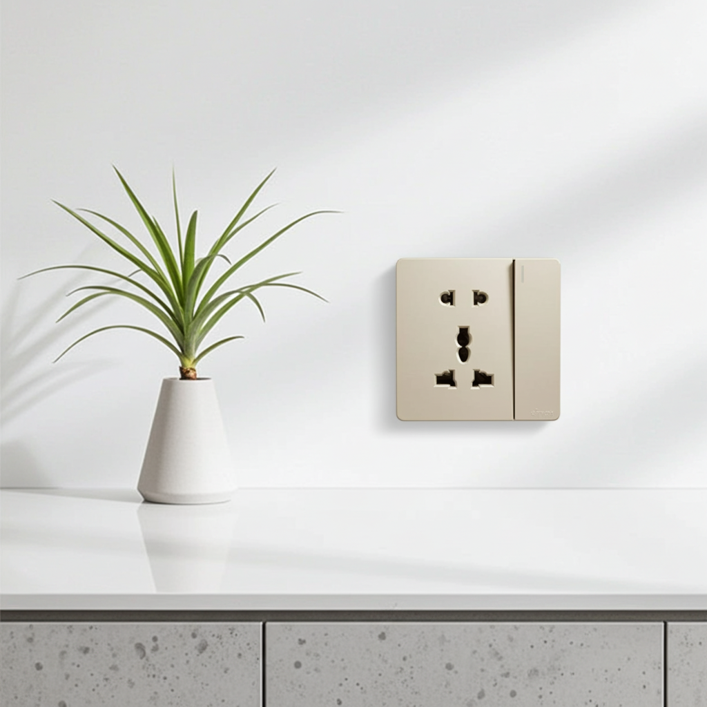 Module Ổ cắm 3 chấu đa năng và 2 chấu kèm công tắc màu sâm panh Simon S6 581080-46 đế vuông