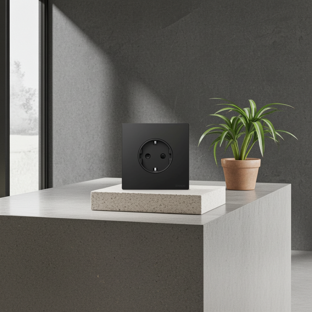 Ổ cắm đơn 16A kiểu Schuko có tiếp địa màu đen Simon S6 581687-26 lắp đế âm vuông