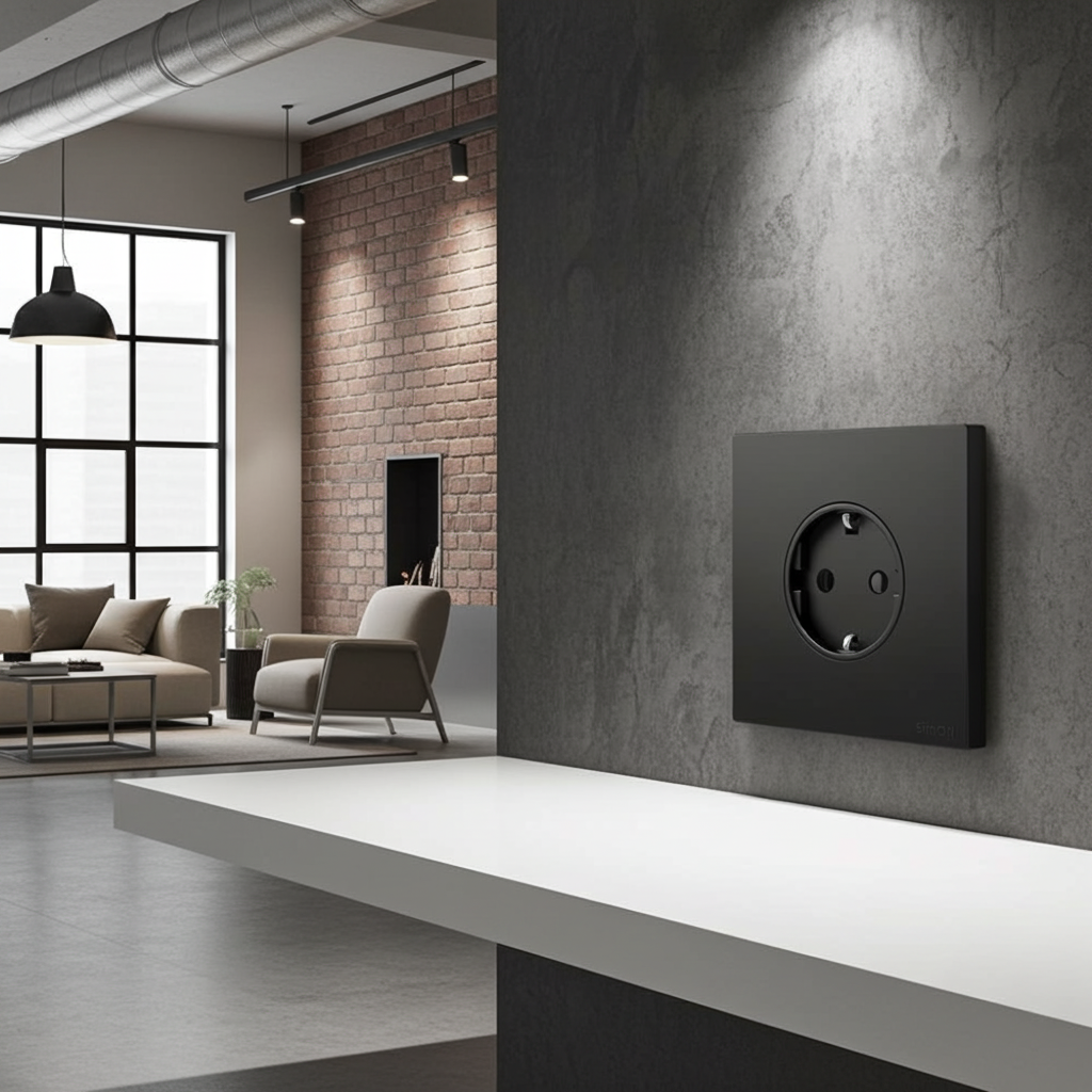Ổ cắm đơn 16A kiểu Schuko có tiếp địa màu đen Simon S6 581687-26 lắp đế âm vuông