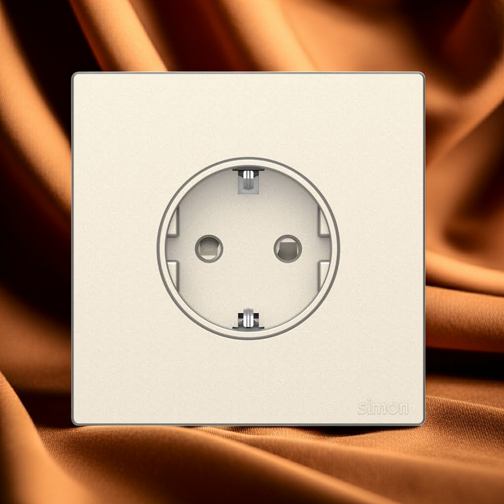 Ổ cắm đơn 16A kiểu Schuko có tiếp địa màu Sâm panh Simon S6 581687-46 lắp đế âm vuông