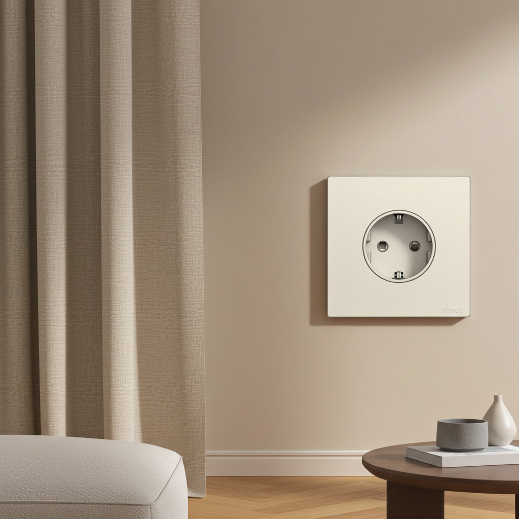 Ổ cắm đơn 16A kiểu Schuko có tiếp địa màu Sâm panh Simon S6 581687-46 lắp đế âm vuông