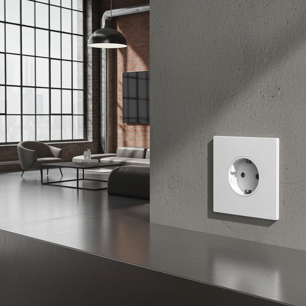 Ổ cắm đơn 16A kiểu Schuko có tiếp địa màu trắng Simon S6 581687 lắp đế âm vuông