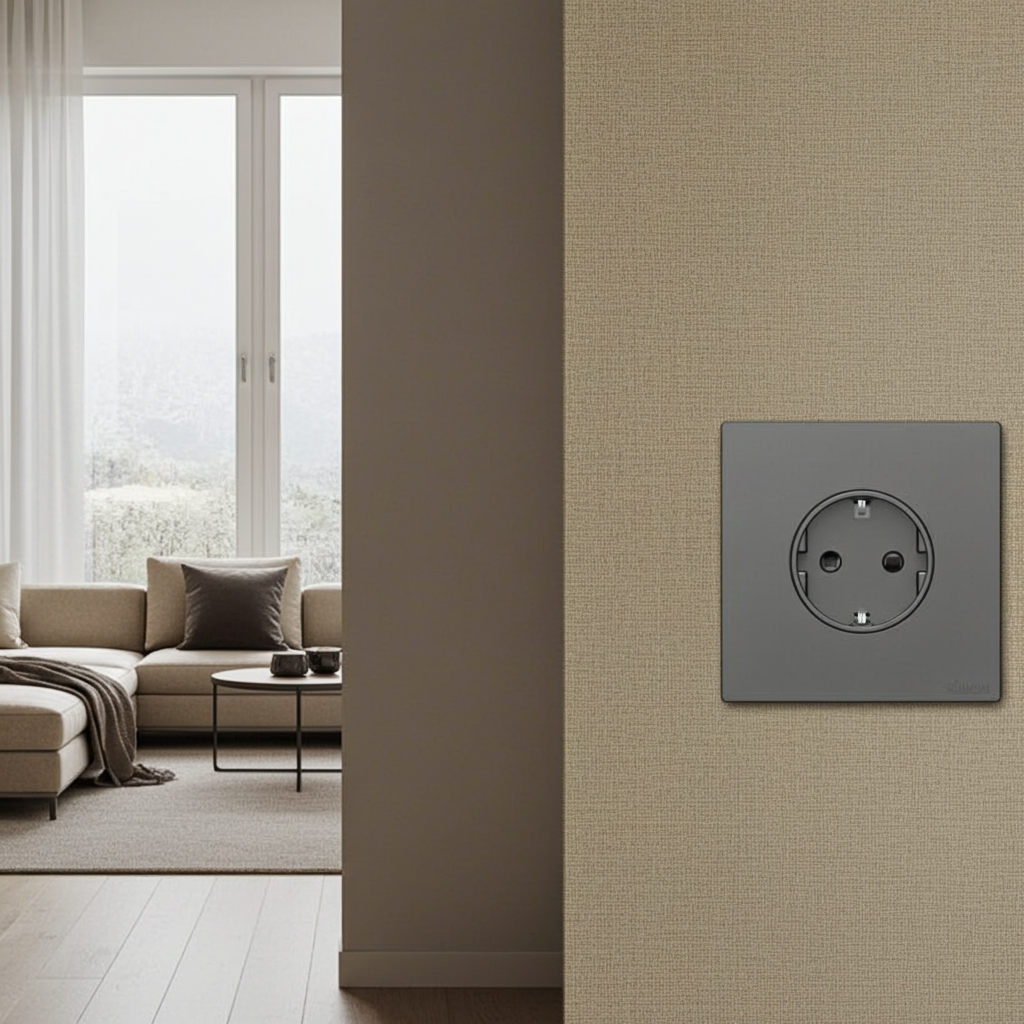 Ổ cắm đơn 16A kiểu Schuko có tiếp địa màu Xám ghi Simon S6 581687-61 lắp đế âm vuông