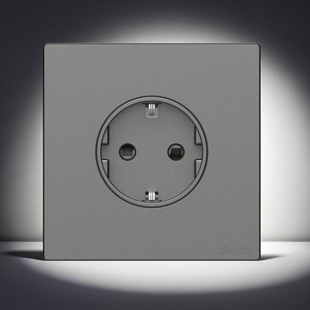 Ổ cắm đơn 16A kiểu Schuko có tiếp địa màu Xám ghi Simon S6 581687-61 lắp đế âm vuông