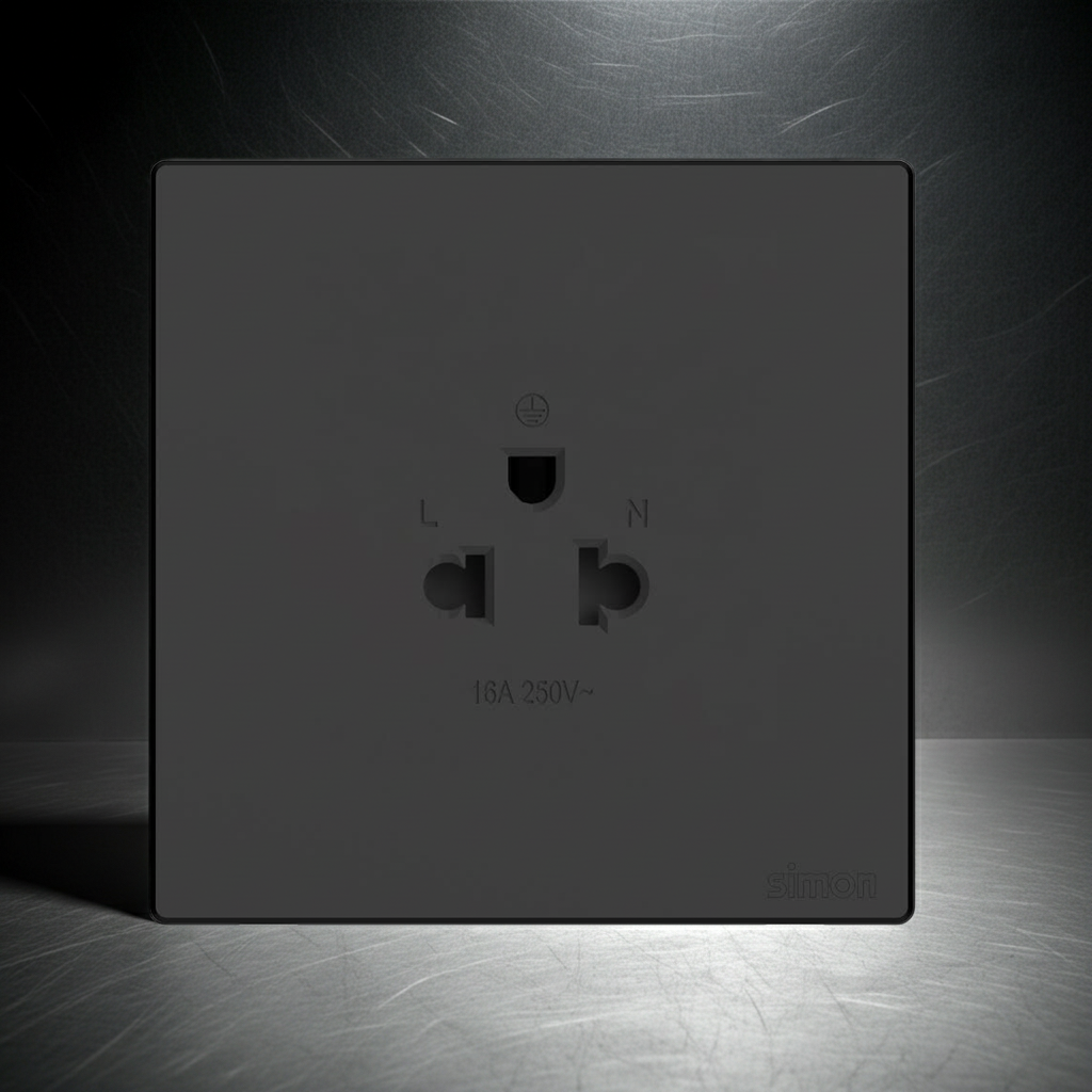 Ổ cắm đơn 3 chấu chuẩn Âu Mỹ màu đen Simon S6 581087-26 lắp chuẩn đế vuông