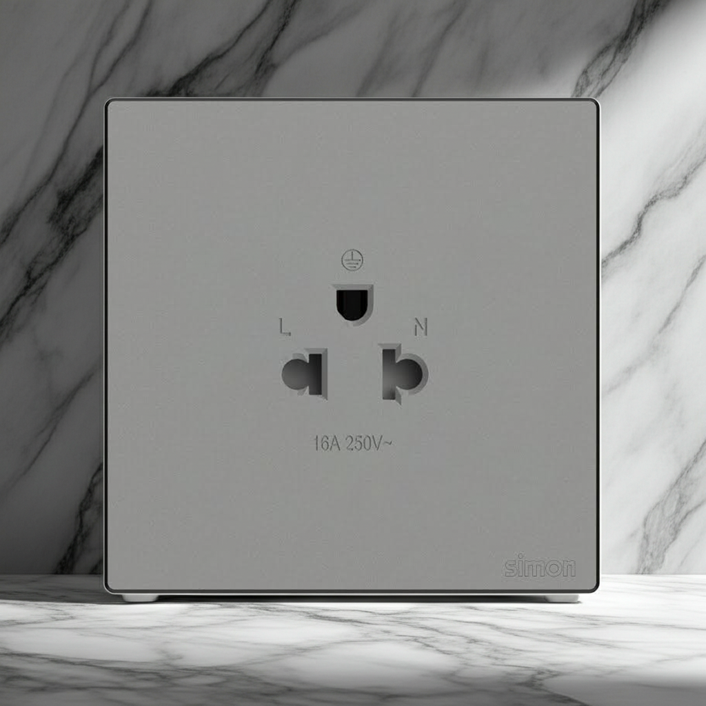 Ổ cắm đơn 3 chấu chuẩn Âu Mỹ màu ghi xám Simon S6 581087-61 lắp chuẩn đế vuông