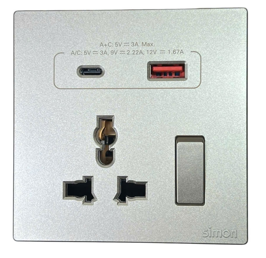 Ổ cắm đa năng kèm công tắc có sạc USB và Type C màu Sâm panh Simon S6 58E7253-46 chuẩn đế vuông