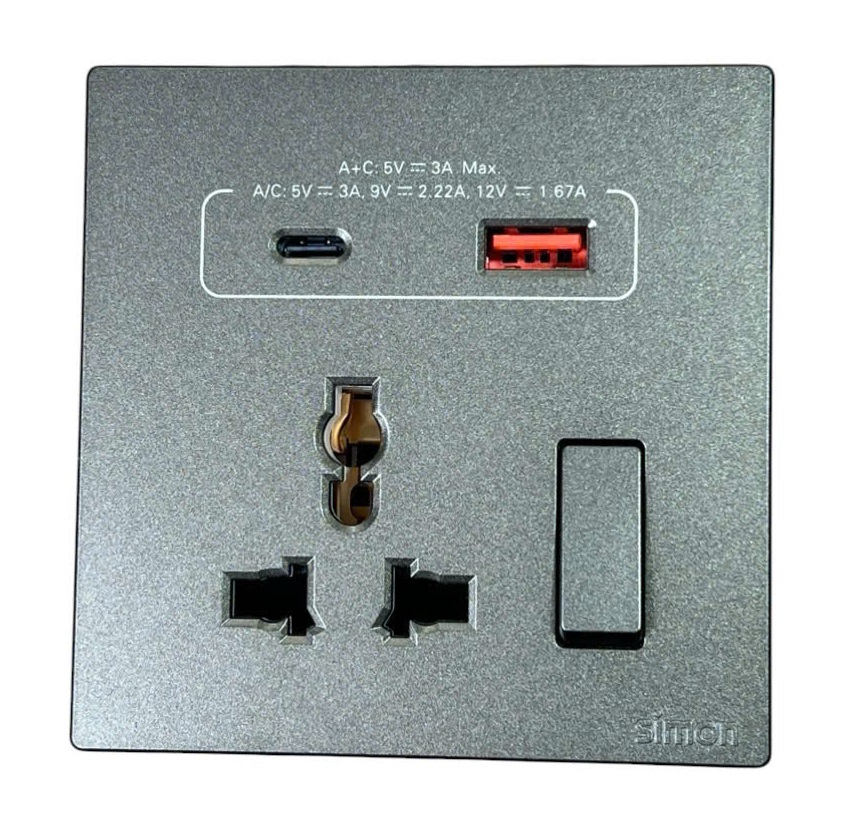 Ổ cắm đa năng kèm công tắc có sạc USB và Type C màu Xám Simon s6 58E7253-61 chuẩn đế vuông