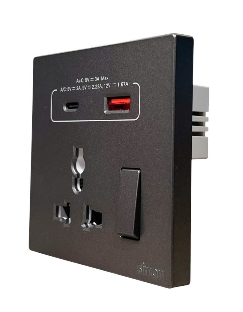 Ổ cắm đa năng kèm công tắc có sạc USB và Type C màu Xám Simon s6 58E7253-61 chuẩn đế vuông
