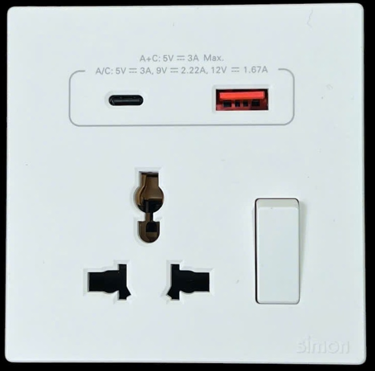 Ổ cắm đa năng kèm công tắc có sạc USB và sạc Type C màu Trắng Simon S6 58E7253