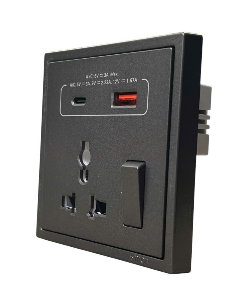 Ổ cắm đơn 3 chấu đa năng có công tắc kèm ổ sặc USB & Type C I7 70E7253-61 màu xám