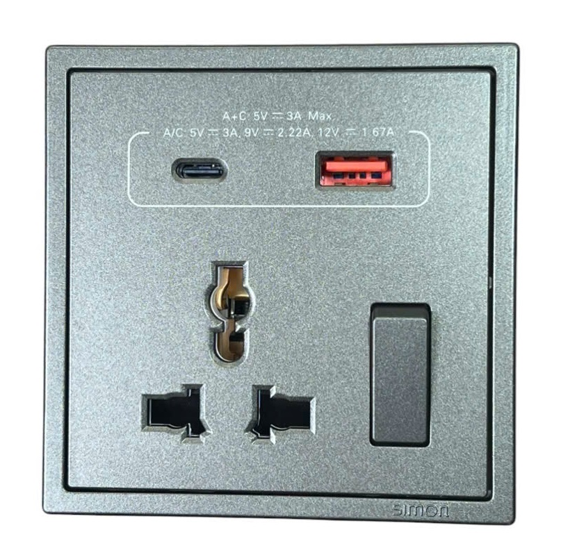 Ổ cắm đơn 3 chấu đa năng có công tắc kèm ổ sặc USB & Type C I7 70E7253-61 màu xám
