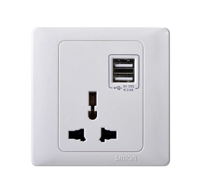 50S- Bộ Ổ cắm đa tiêu chuẩn + 2 cổng sạc USB Simon 45E7255 Màu trắng