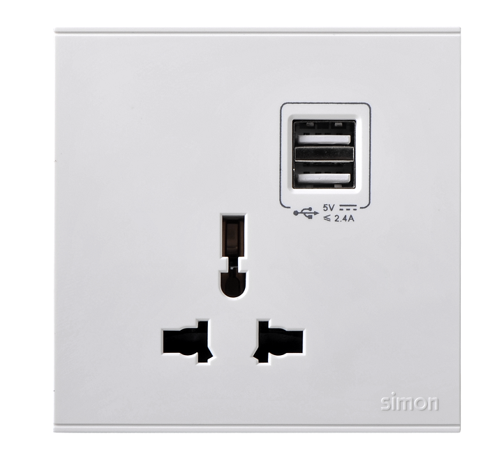 E6- Bộ Ổ cắm đơn đa tiêu chuẩn 10A có cổng sạc USB Simon 72E725 Màu trắng