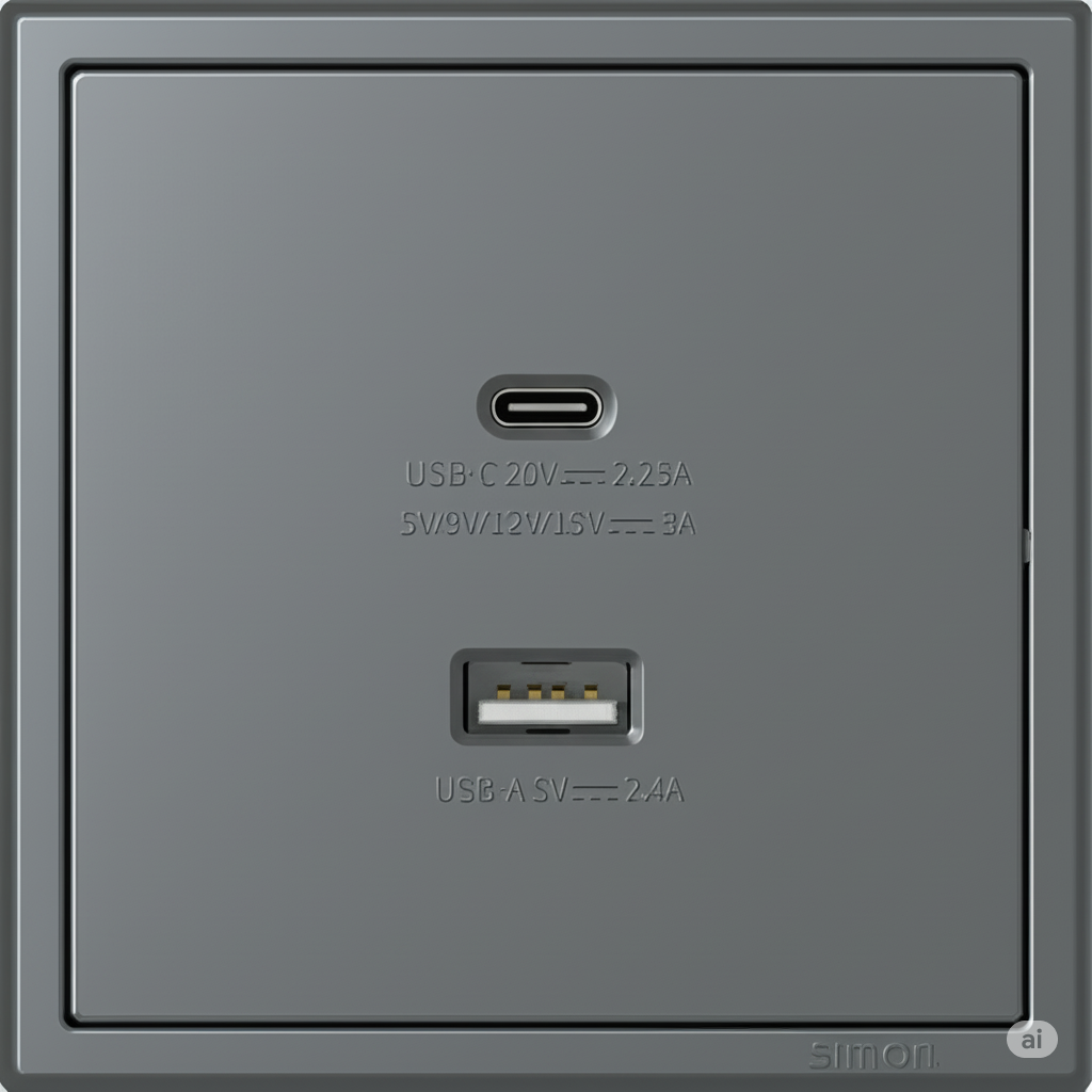 Ổ cắm sạc USB 5V, 24,A và type C 45W Simon màu xám vuông I7 70E727-61