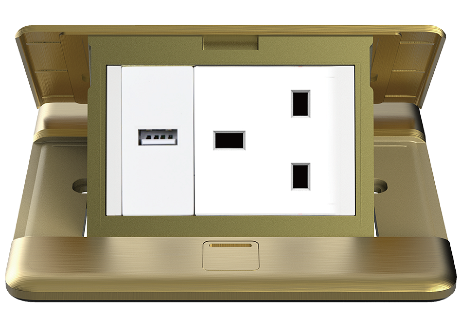 Module Ổ cắm âm sàn Simon gồm ổ USB + Ổ cắm 3 chấu chuẩn Anh ZD011381 màu vàng