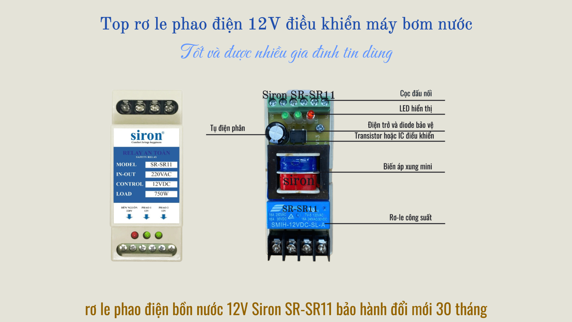 Top rơ le phao điện bồn nước 12V Siron SR-SR11 bảo hành đổi mới 30 tháng