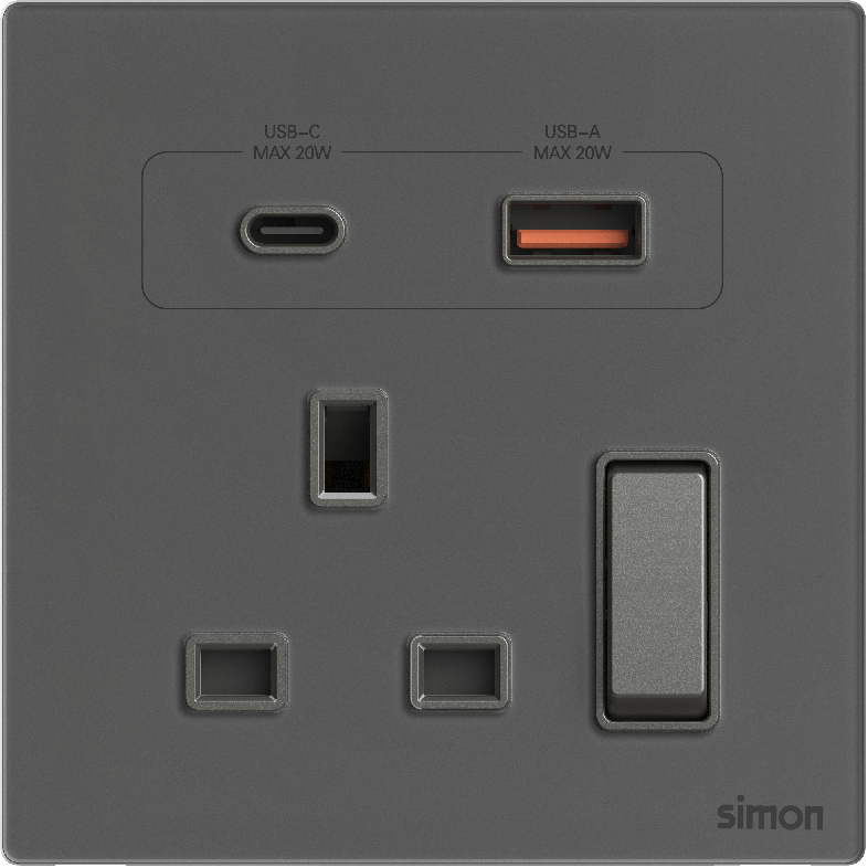 Ổ Cắm Đơn Vuông Kiểu Anh Có Công Tắc & Sạc USB A+C Simon M7 Gem Màu Xám - 66E7254G-4D