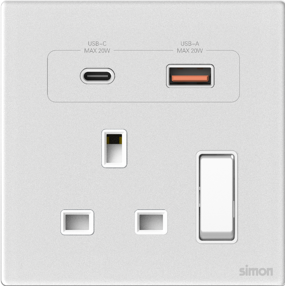 Ổ Cắm Đơn Vuông Kiểu Anh Có Công Tắc & Sạc USB A+C Simon M7 Gem Màu Trắng - 66E7254G-4F