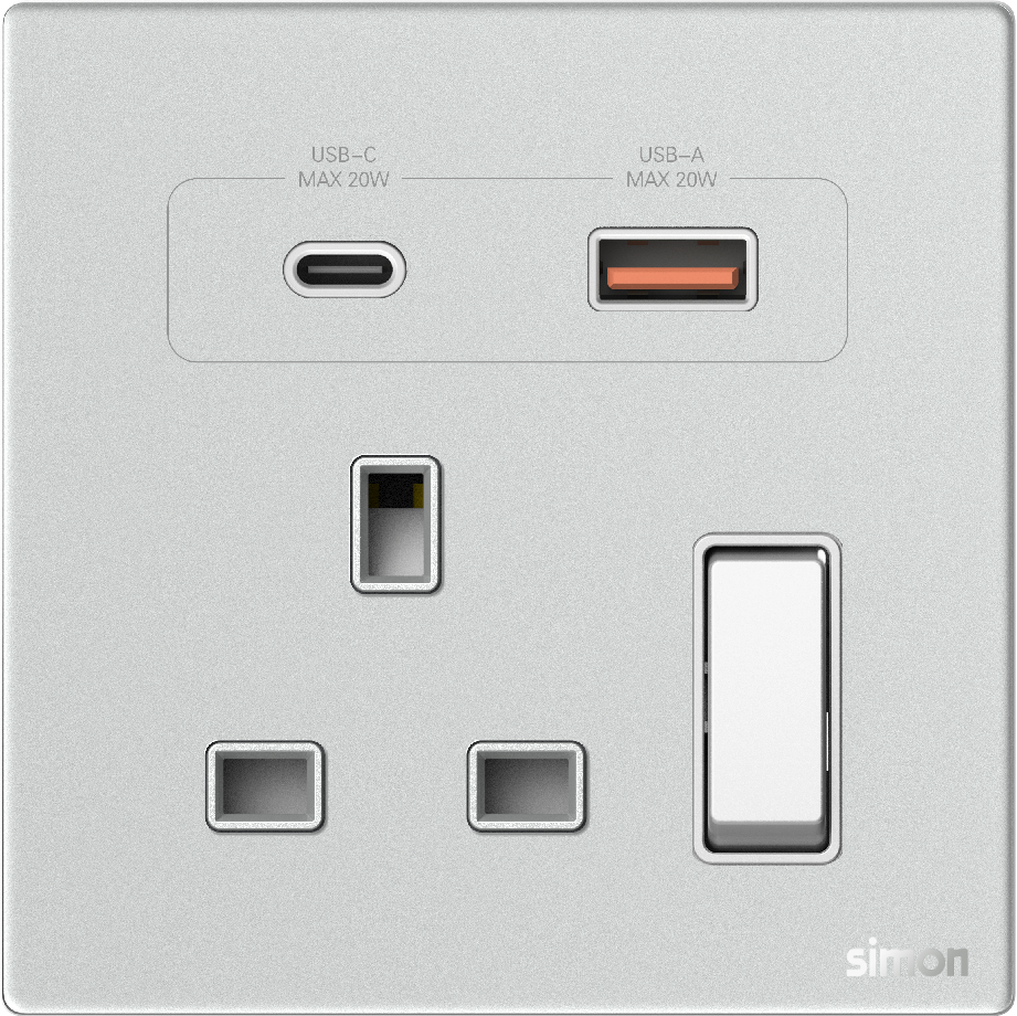 Ổ Cắm Đơn Vuông Kiểu Anh Có Công Tắc & Sạc USB A+C Simon M7 Gem Màu Bạc - 66E7255G-4E