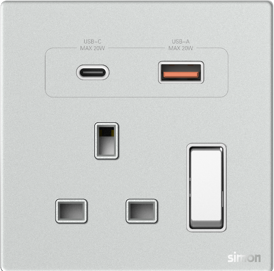 Ổ Cắm Đơn Vuông Kiểu Anh Có Công Tắc & Sạc USB A+C Simon M7 Gem Màu Bạc - 66E7254G-4E