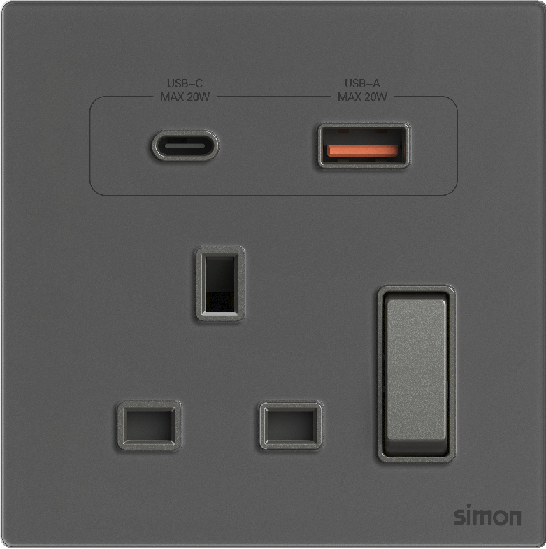 Ổ Cắm Đơn Vuông Kiểu Anh Có Công Tắc & Sạc USB A+C Simon M7 Gem Màu Xám - 66E7255G-4D