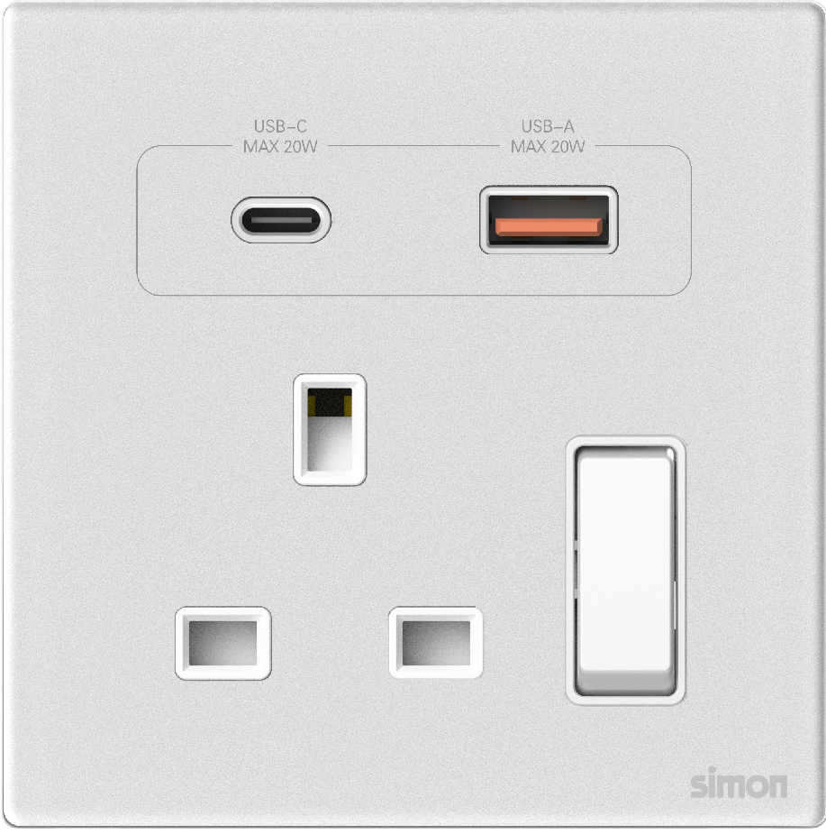 Ổ Cắm Đơn Vuông Kiểu Anh Có Công Tắc & Sạc USB A+C Simon M7 Gem Màu Trắng - 66E7255G-4F