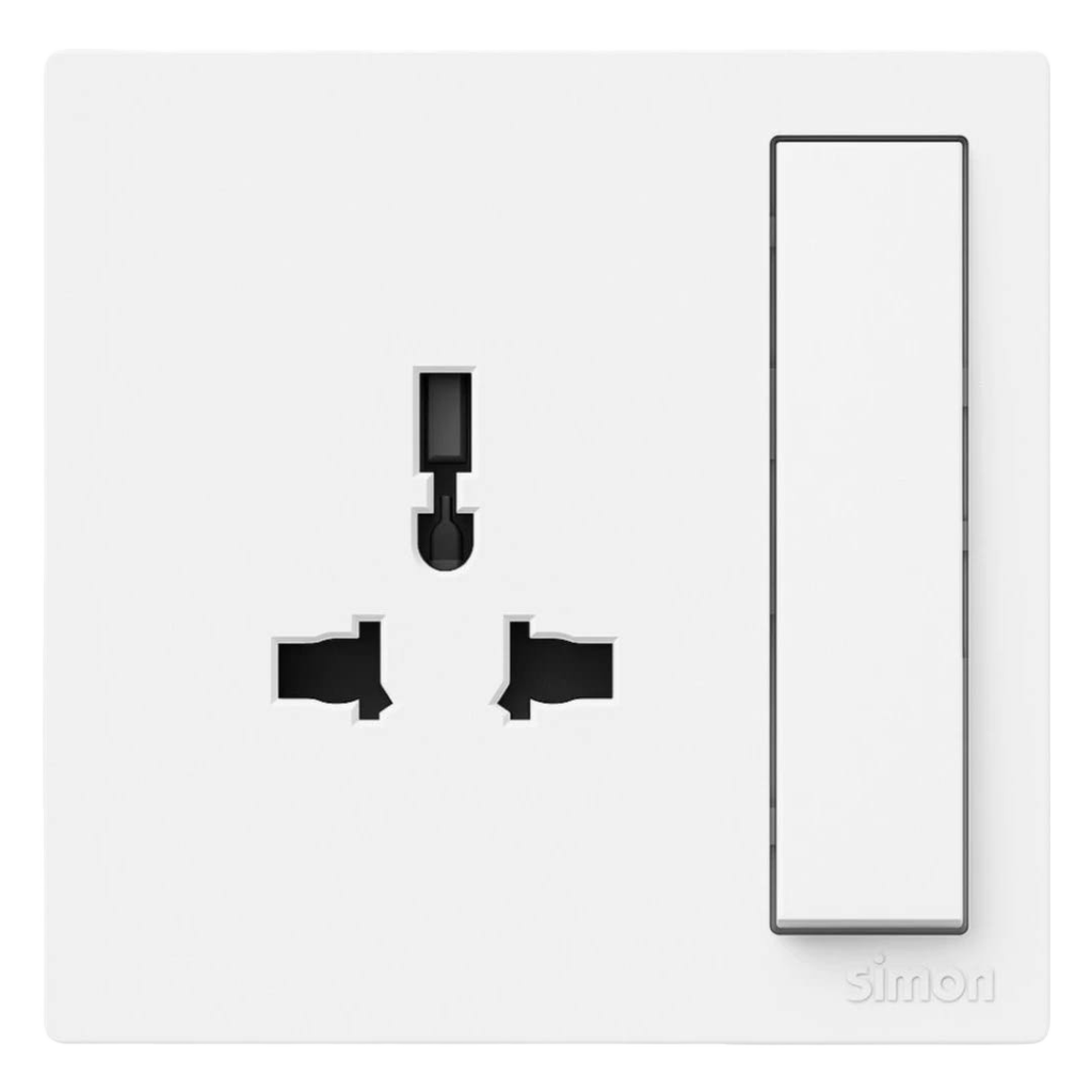 Bộ Ổ Cắm 3 Chấu Đa Năng Kèm Công Tắc Chuẩn Vuông Màu Trắng Simon S6 - 581089