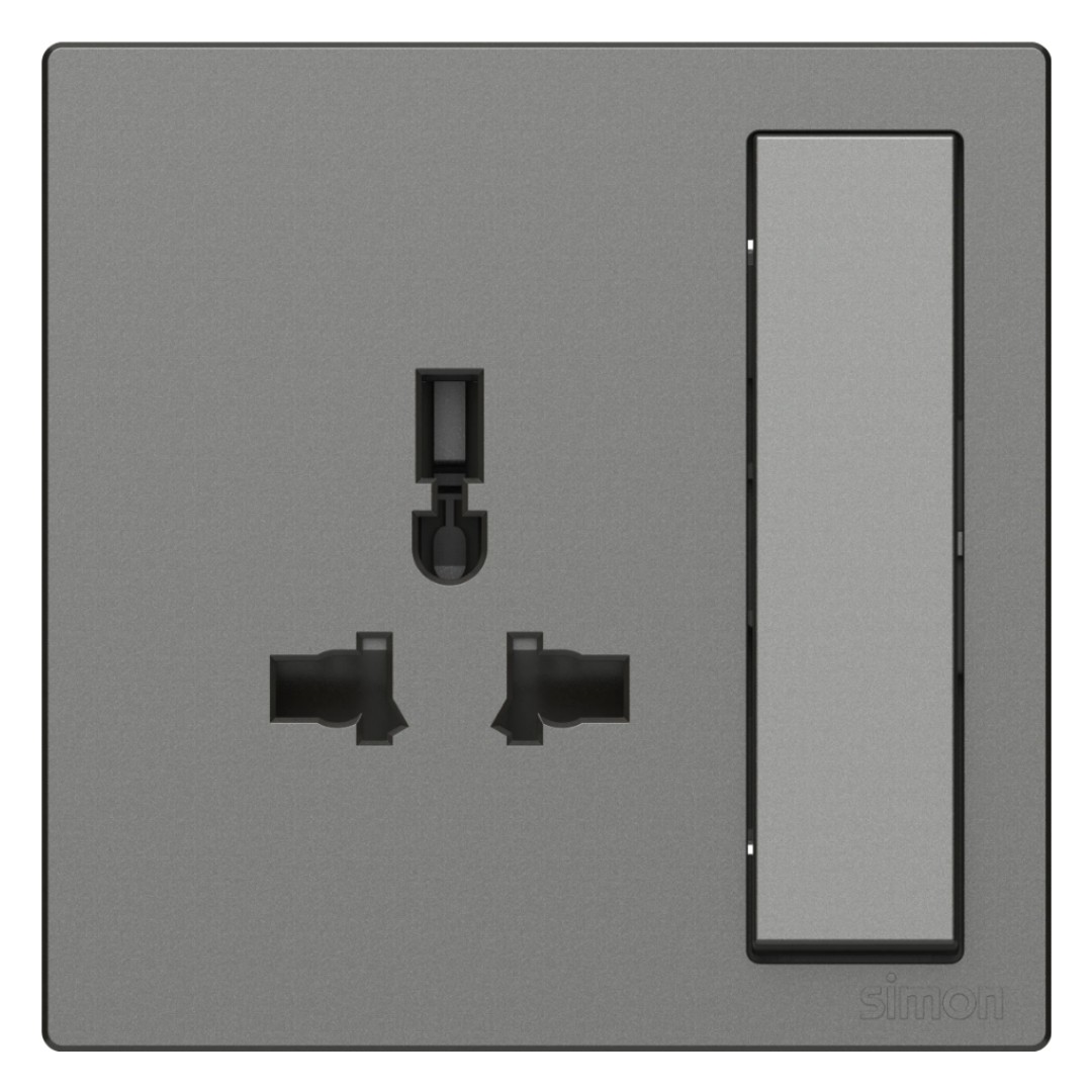 Bộ Ổ Cắm 3 Chấu Đa Năng Kèm Công Tắc Chuẩn Vuông Màu Xám Simon - 581089-61