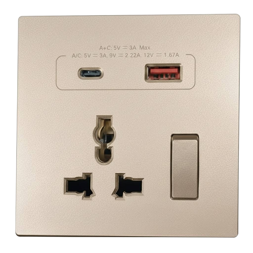 Bộ Ổ Cắm Đa Năng Kèm Công Tắc Có Sạc USB Và Sạc Type C Màu Sâm Panh Simon S6 - 58E7253-46