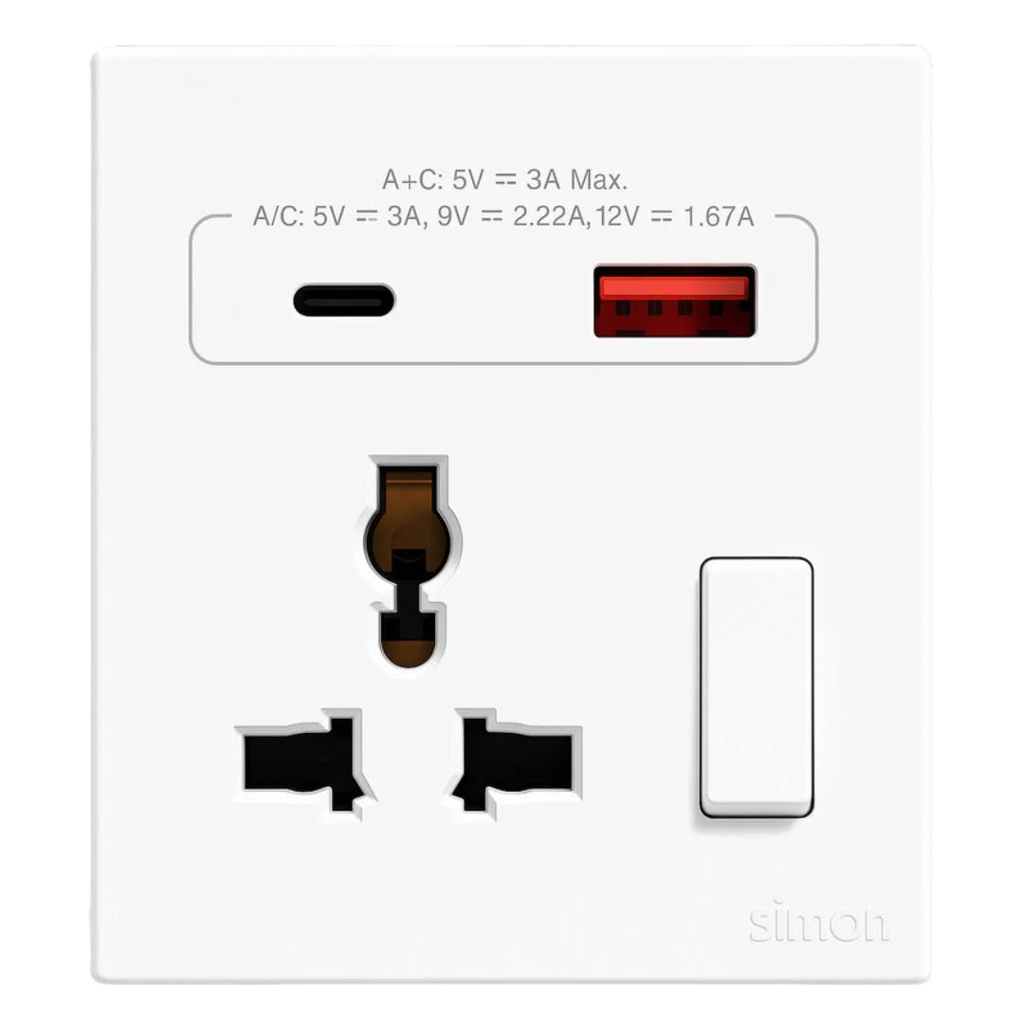 Bộ Ổ Cắm Đa Năng Kèm Công Tắc Có Sạc USB Và Sạc Type C Màu Trắng Simon S6 - 58E7253