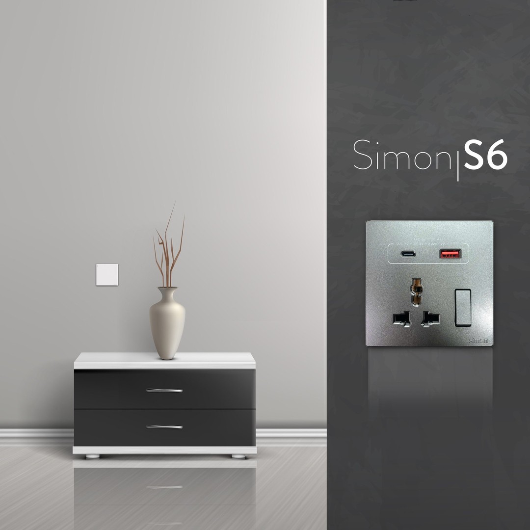 Bộ Ổ Cắm Đa Năng Kèm Công Tắc Có Sạc USB Và Sạc Type C Màu Xám Simon S6 58E7253-61 - Công Tắc Cao Cấp