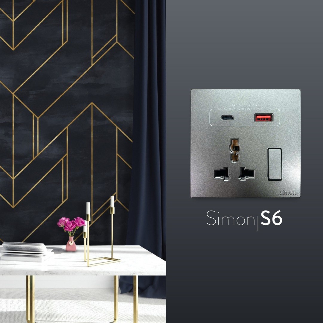 Bộ Ổ Cắm Đa Năng Kèm Công Tắc Có Sạc USB Và Sạc Type C Màu Xám Simon S6 58E7253-61 - Công Tắc Châu Âu