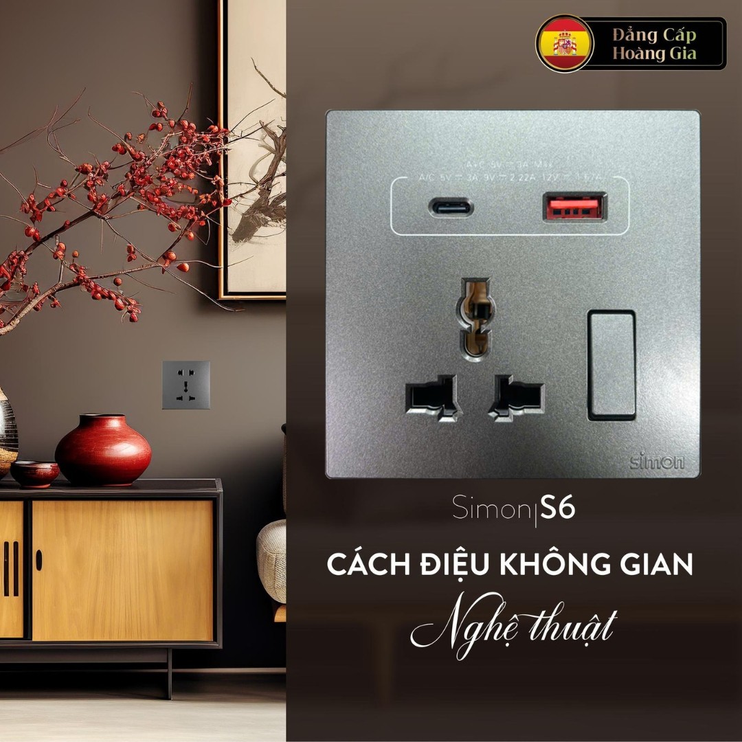 Bộ Ổ Cắm Đa Năng Kèm Công Tắc Có Sạc USB Và Sạc Type C Màu Xám Simon S6 58E7253-61 - Công Tắc Tây Ban Nha