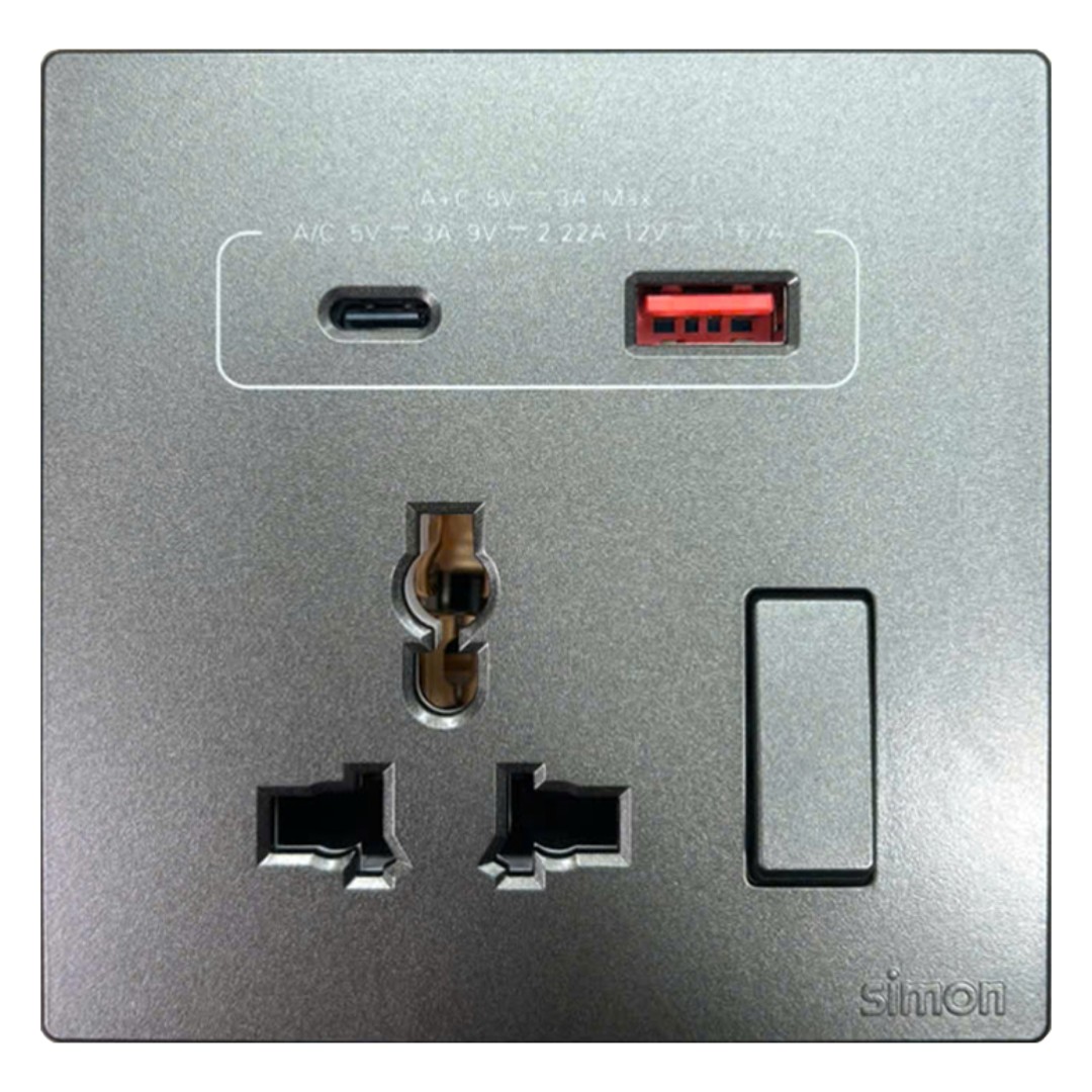Bộ Ổ Cắm Đa Năng Kèm Công Tắc Có Sạc USB Và Sạc Type C Màu Xám Simon S6 58E7253-61