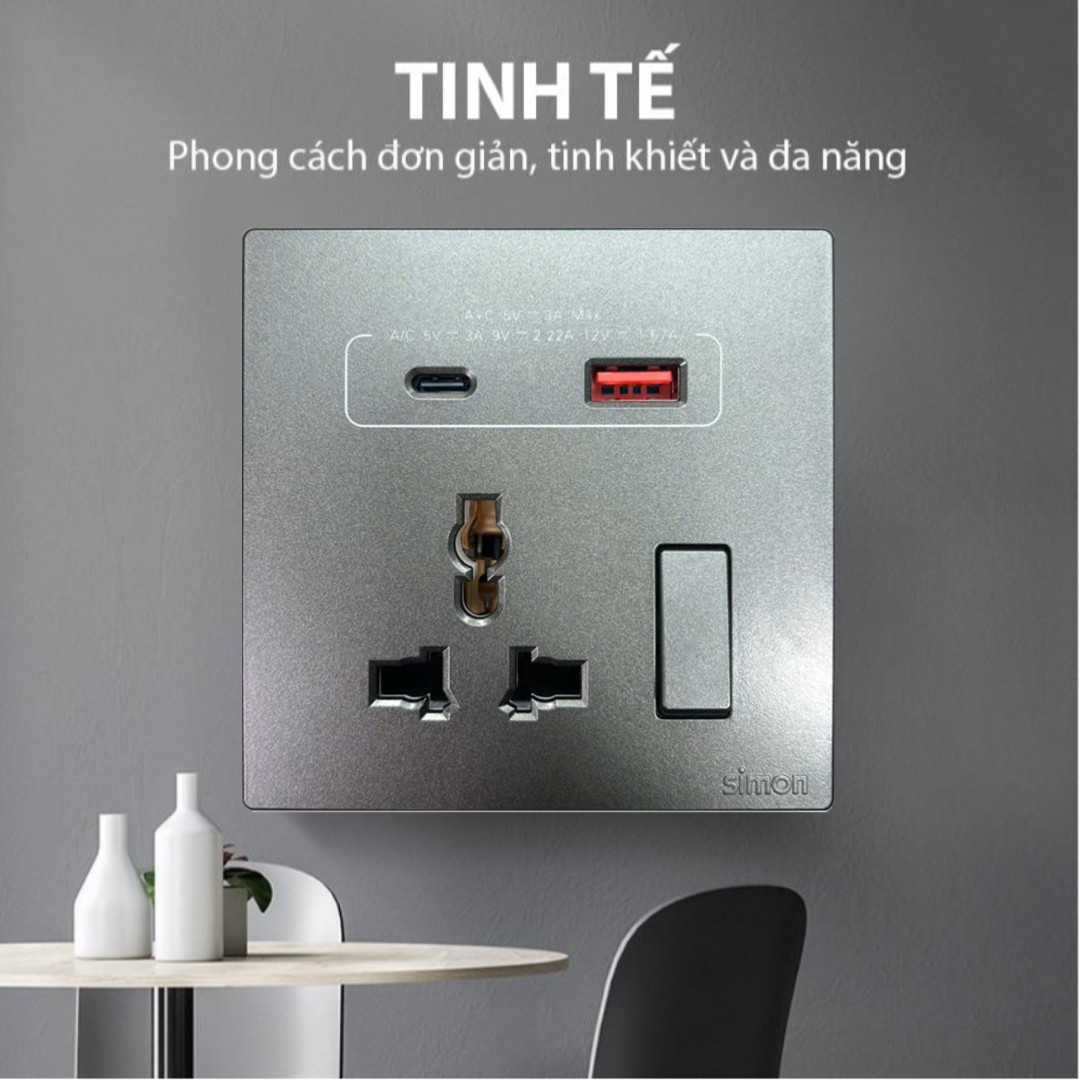 Bộ Ổ Cắm Đa Năng Kèm Công Tắc Có Sạc USB Và Sạc Type C Màu Xám Simon S6 58E7253-61 - Thiết Bị Điện Cao Cấp