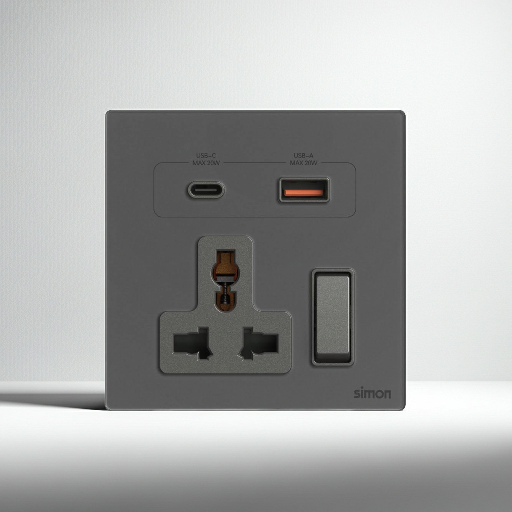 Bộ Ổ Cắm Đa Năng Kèm Sạc USB A+C Có Công Tắc Vuông Màu Xám Simon M7 Gem Diamond Gray Mã 66E7253G-4D-Hiệu ứng sương mù 70% Công nghệ quang học tạo lớp sương mờ